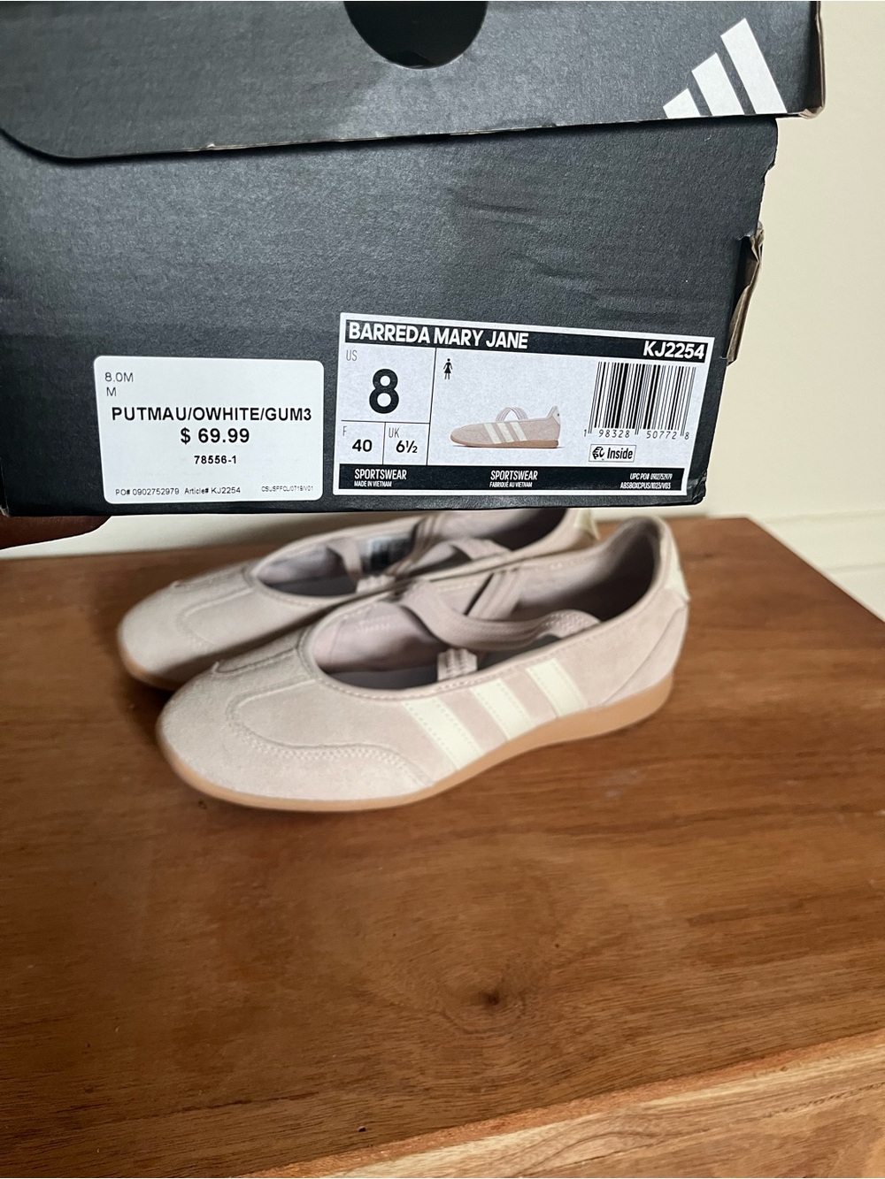 adidas Barreda Mary Jane Flats in Putty Mauve with White Stripes